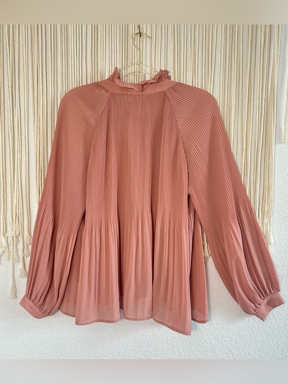 Gianni Bini Pleated Ruffle Tie-Neck Blouse - Dusty Rose Lightweight Sheer - Picture 9 of 11